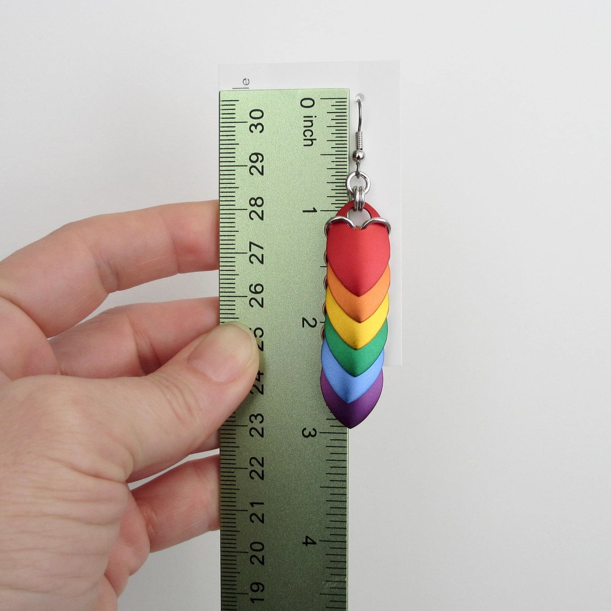 Progress pride flag earrings, mismatched LGBTQIA chainmail scales jewelry, lightweight anodized aluminum