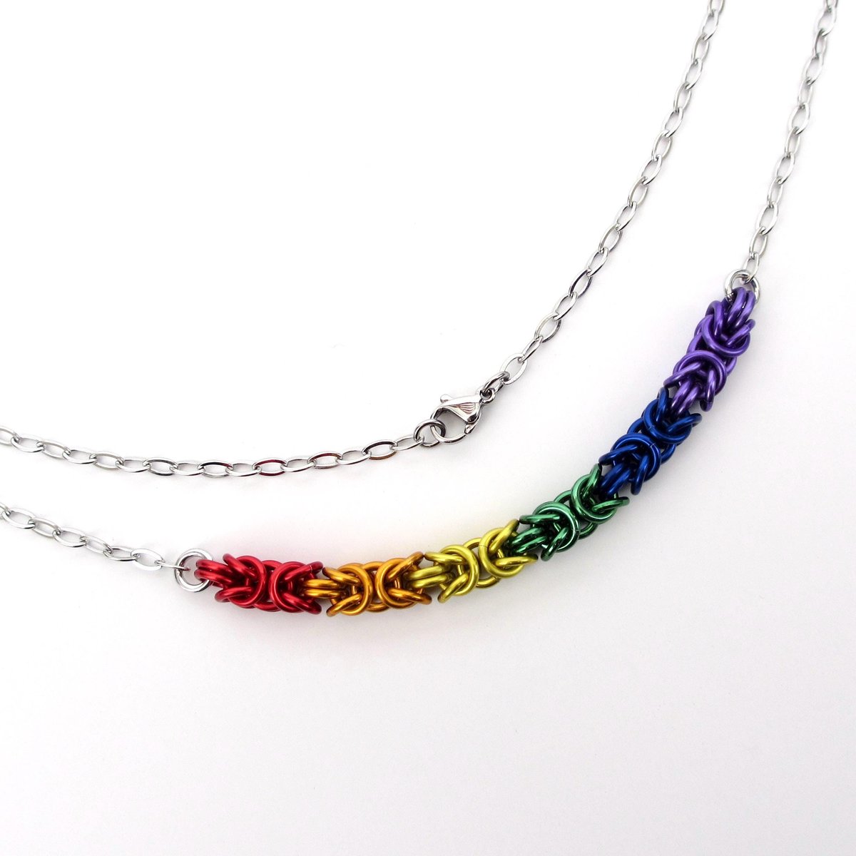Gay pride necklace, rainbow chainmail byzantine weave LGBTQ+ jewelry, choose your length