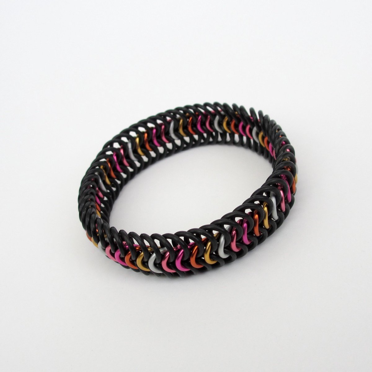 Lesbian pride stretch bracelet, 5 stripe sunset flag, chainmail Euro 6 in 1 weave LGBTQ jewelry