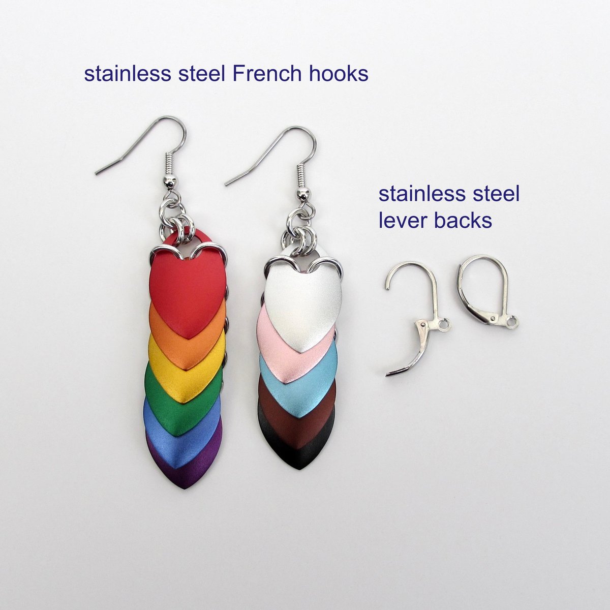 Progress pride flag earrings, mismatched LGBTQIA chainmail scales jewelry, lightweight anodized aluminum