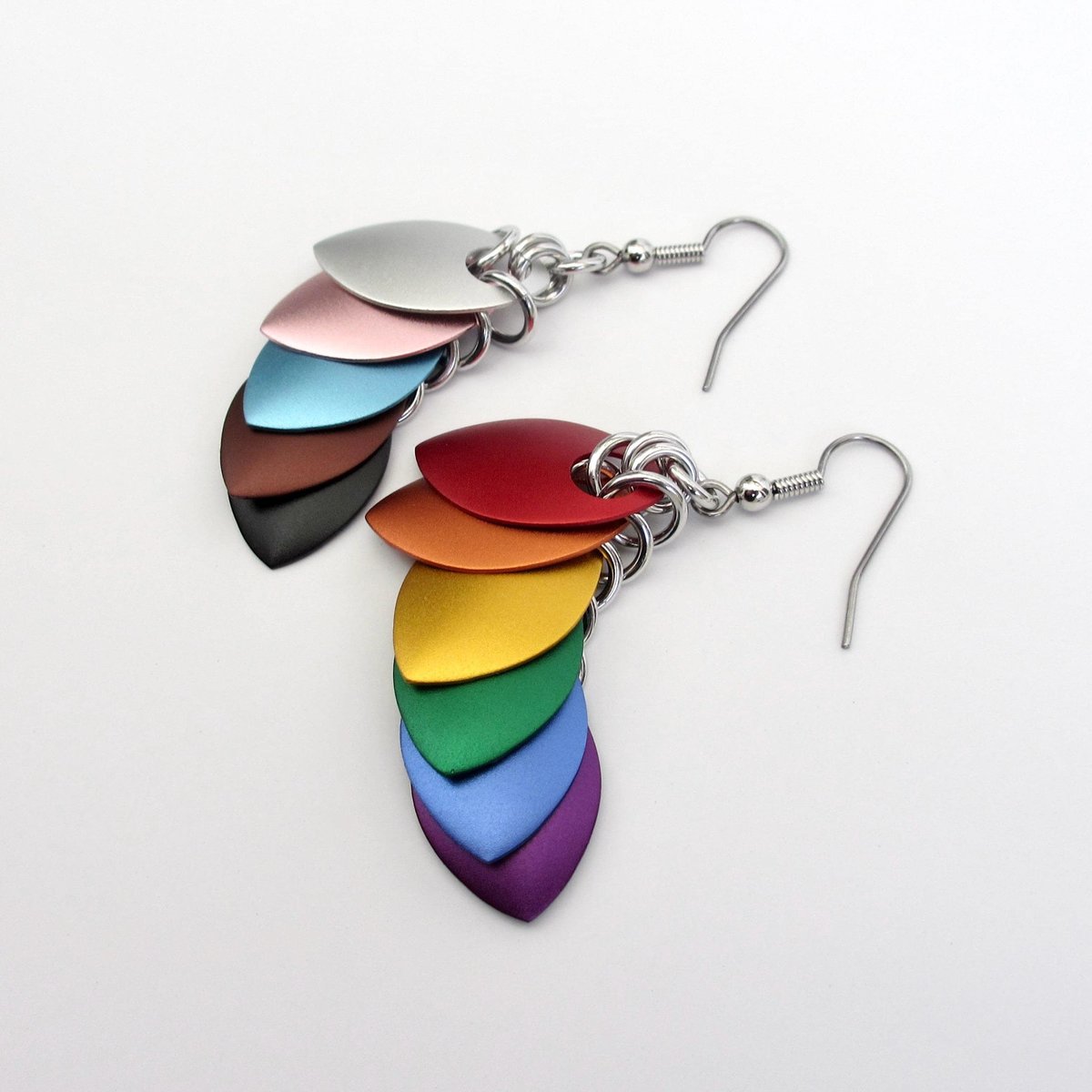 Progress pride flag earrings, mismatched LGBTQIA chainmail scales jewelry, lightweight anodized aluminum