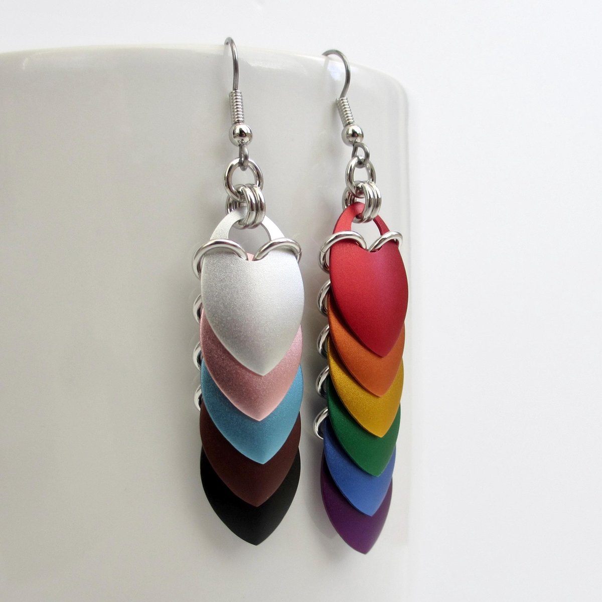 Progress pride flag earrings, mismatched LGBTQIA chainmail scales jewelry, lightweight anodized aluminum