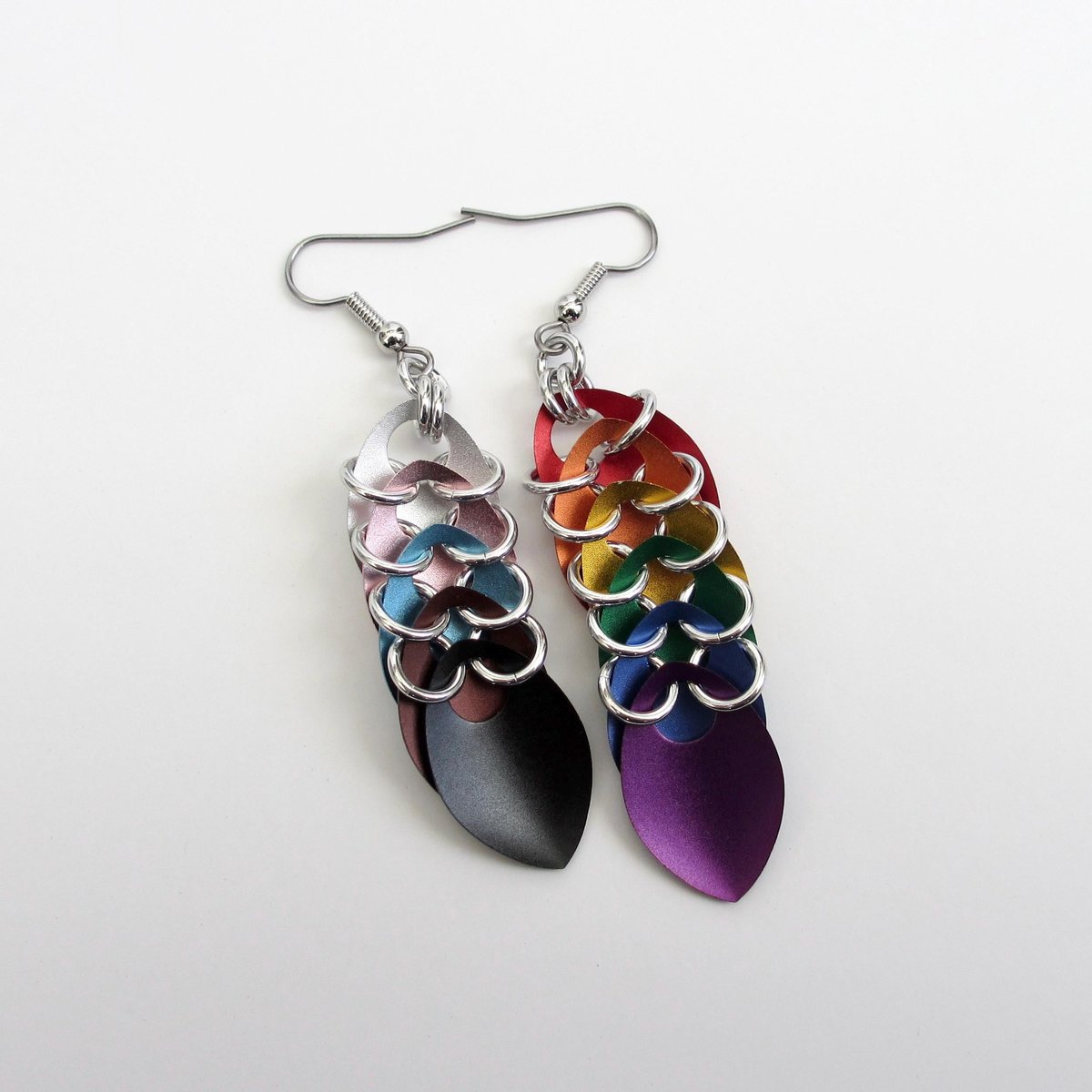 Progress pride flag earrings, mismatched LGBTQIA chainmail scales jewelry, lightweight anodized aluminum