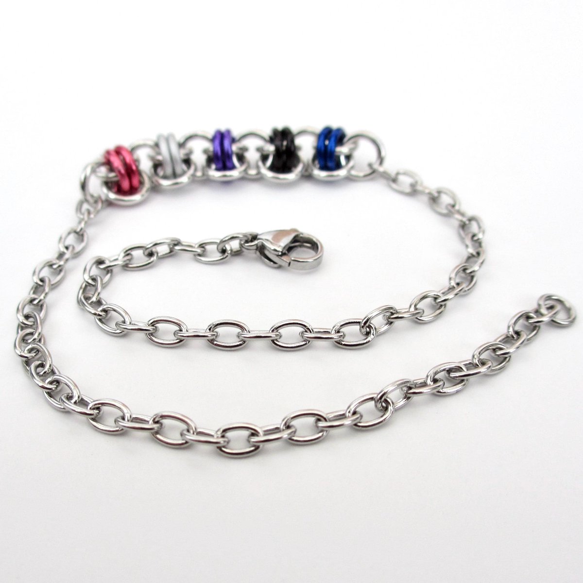 Genderfluid pride anklet - handmade chainmail barrel weave and stainless steel cable chain, LGBTQ+ adjustable ankle jewelry
