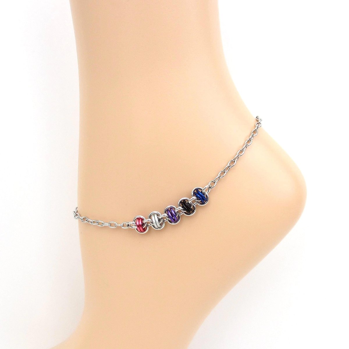 Genderfluid pride anklet - handmade chainmail barrel weave and stainless steel cable chain, LGBTQ+ adjustable ankle jewelry