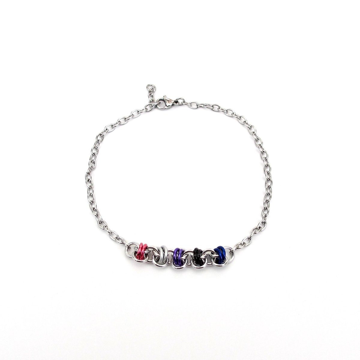 Genderfluid pride anklet - handmade chainmail barrel weave and stainless steel cable chain, LGBTQ+ adjustable ankle jewelry