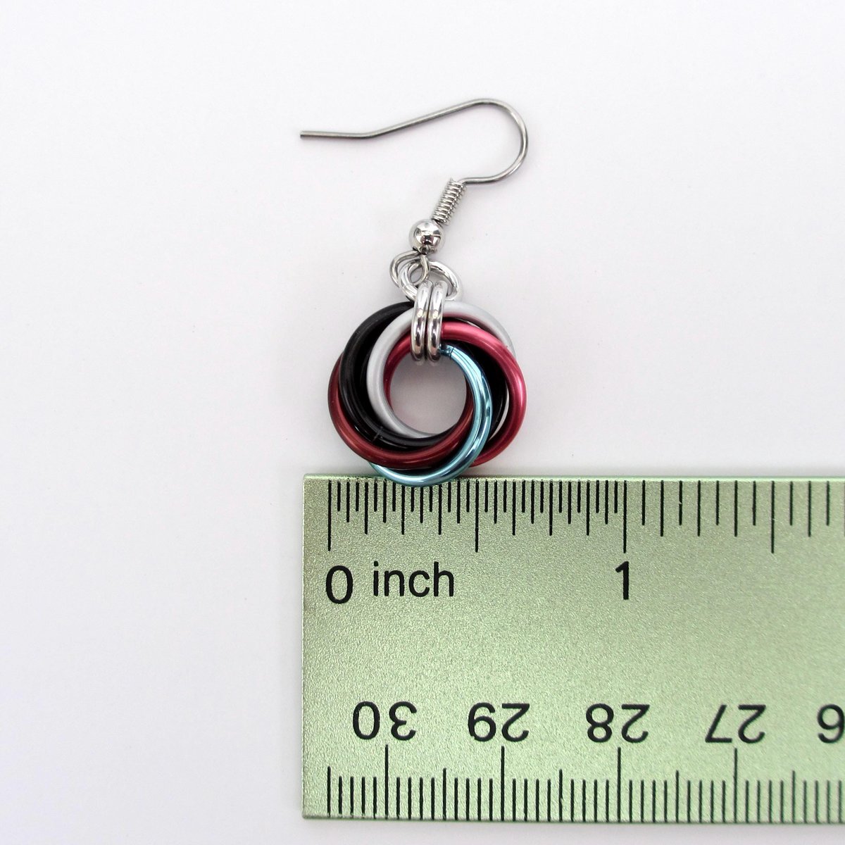 Handmade Progress Pride earrings, small love knot rainbow LGBTQ+ chainmail jewelry, inclusive pride gift