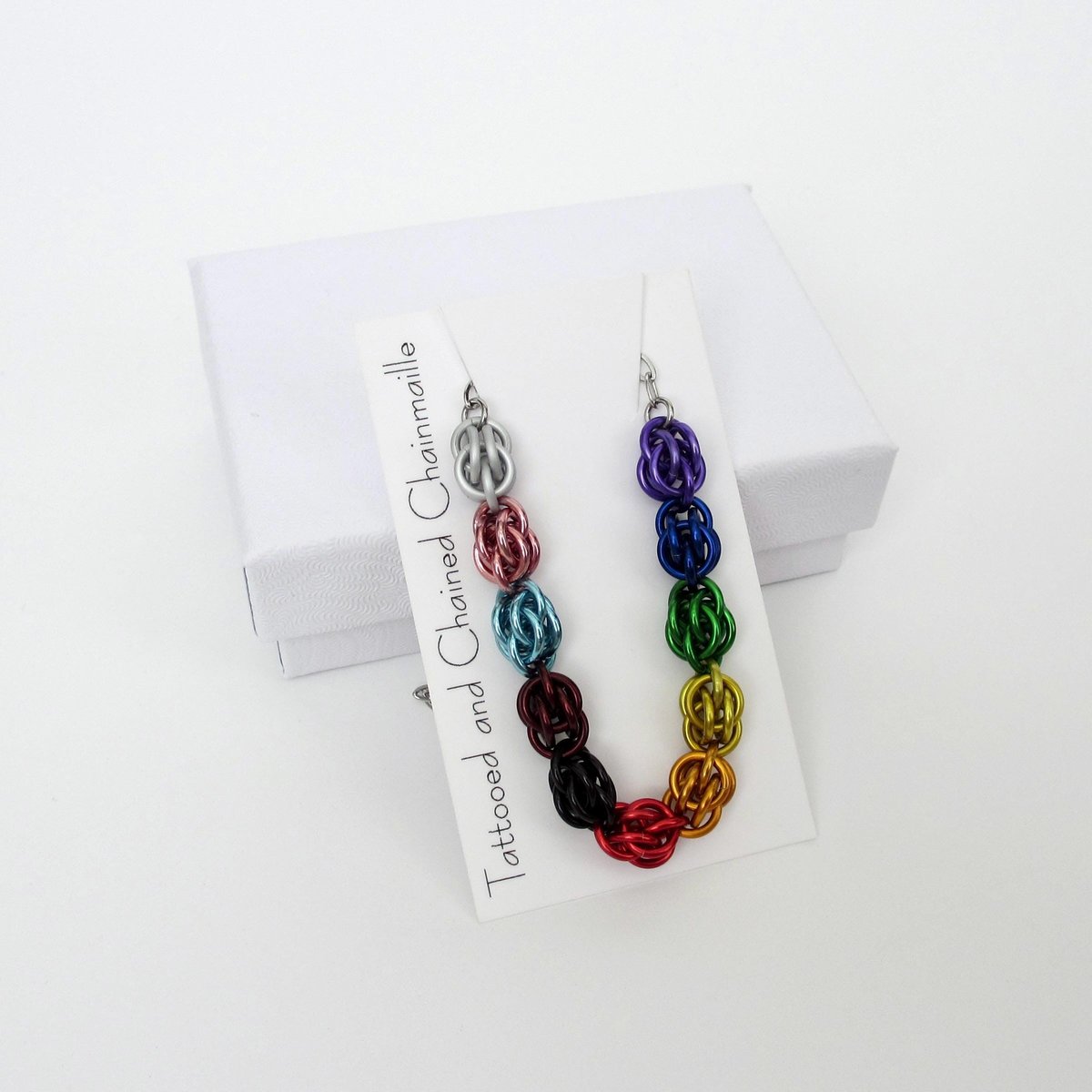 Progress pride necklace, chainmail Sweetpea weave LGBTQ jewelry in rainbow, trans and BIPOC colors, choose your length