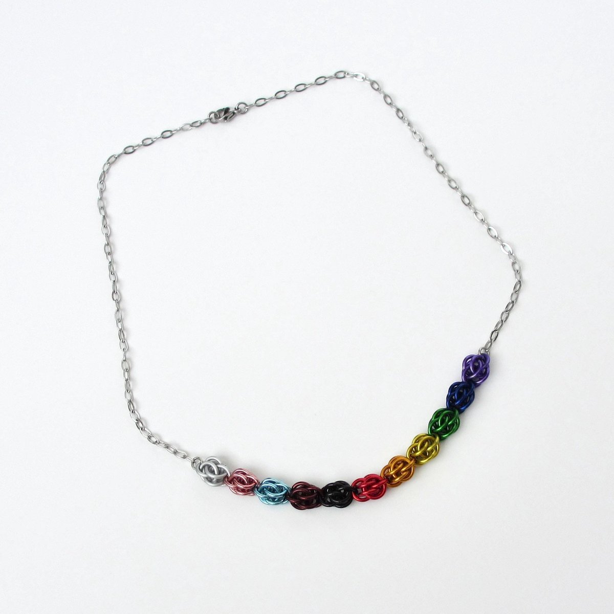 Progress pride necklace, chainmail Sweetpea weave LGBTQ jewelry in rainbow, trans and BIPOC colors, choose your length