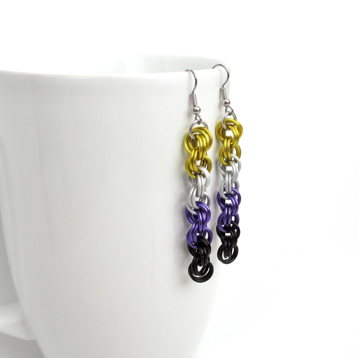 Handmade Nonbinary pride chainmail earrings, double spiral weave LGBTQ+ jewelry, choice of ear wire styles