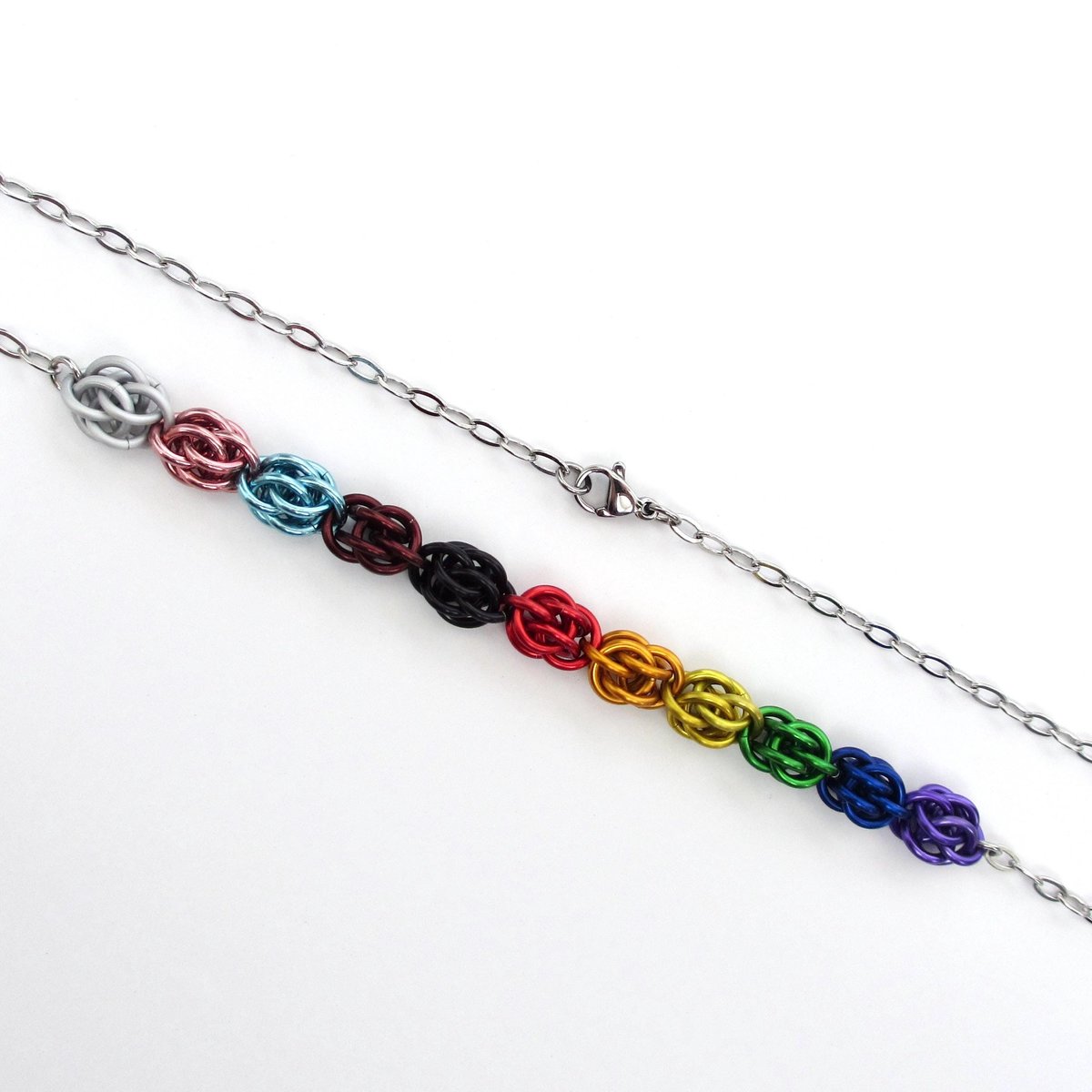 Progress pride necklace, chainmail Sweetpea weave LGBTQ jewelry in rainbow, trans and BIPOC colors, choose your length