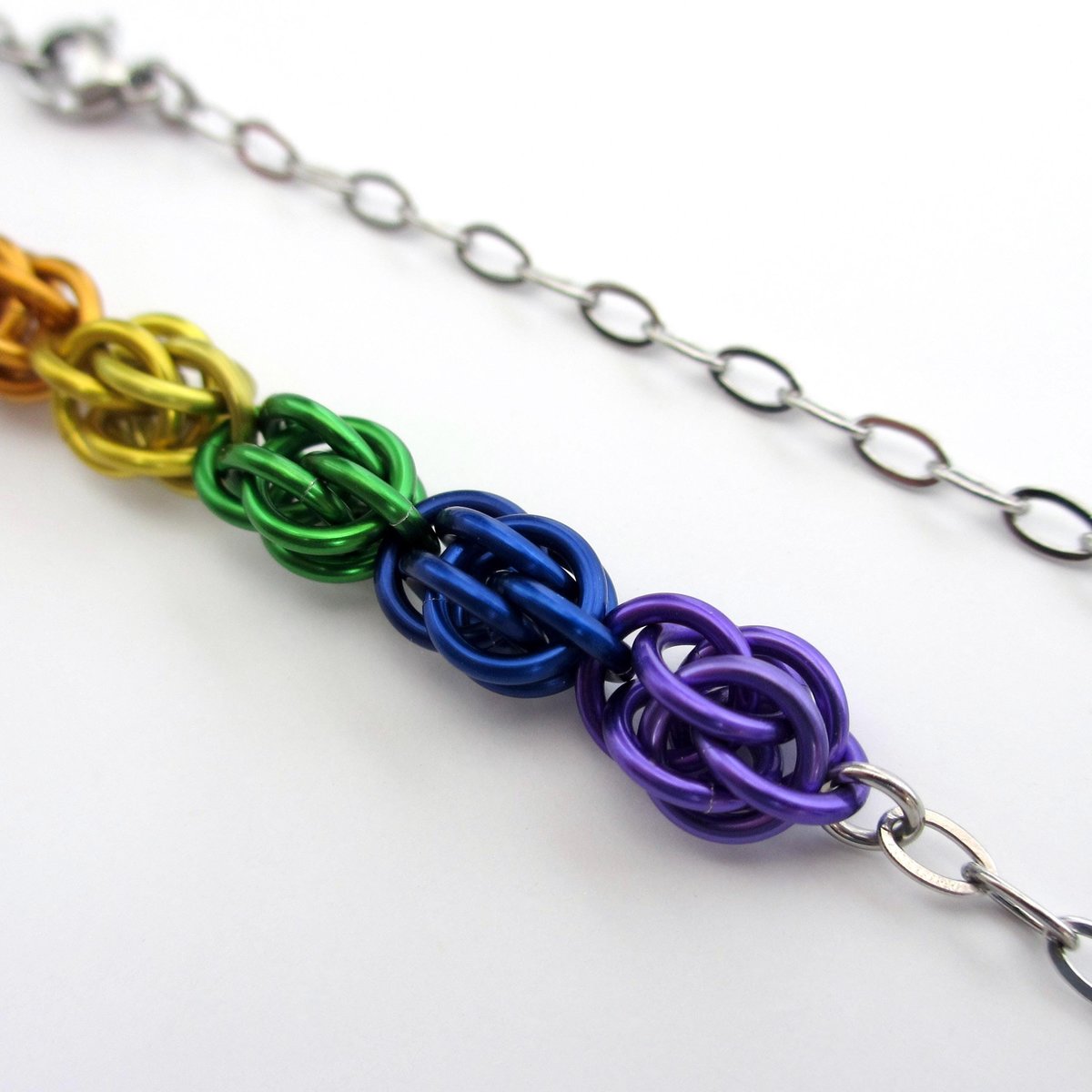 Progress pride necklace, chainmail Sweetpea weave LGBTQ jewelry in rainbow, trans and BIPOC colors, choose your length