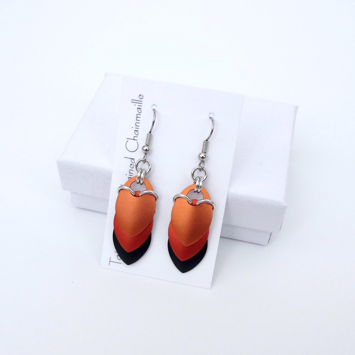 Autumn leaf earrings, chainmail scale fall jewelry in orange and black, Halloween accessories