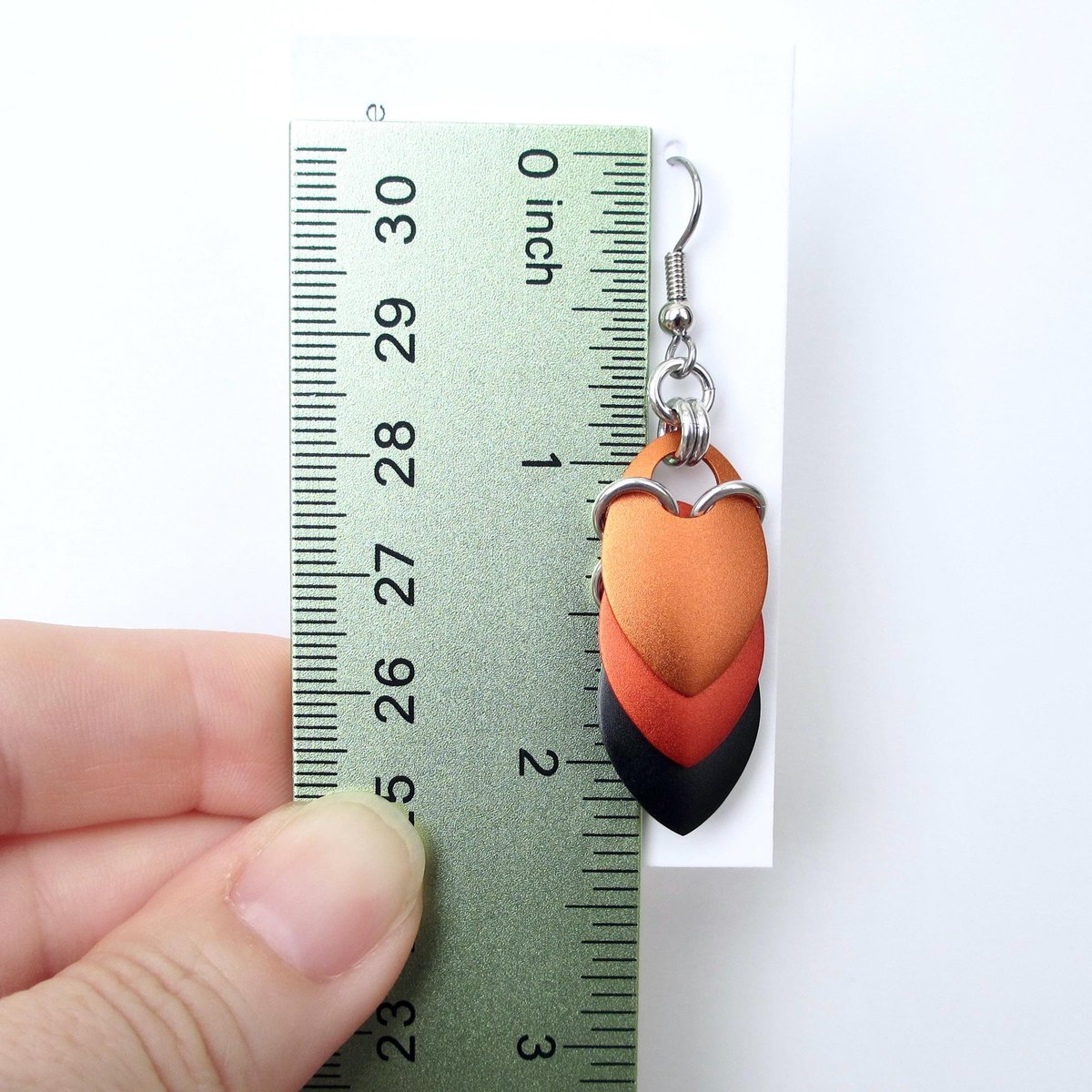 Autumn leaf earrings, chainmail scale fall jewelry in orange and black, Halloween accessories