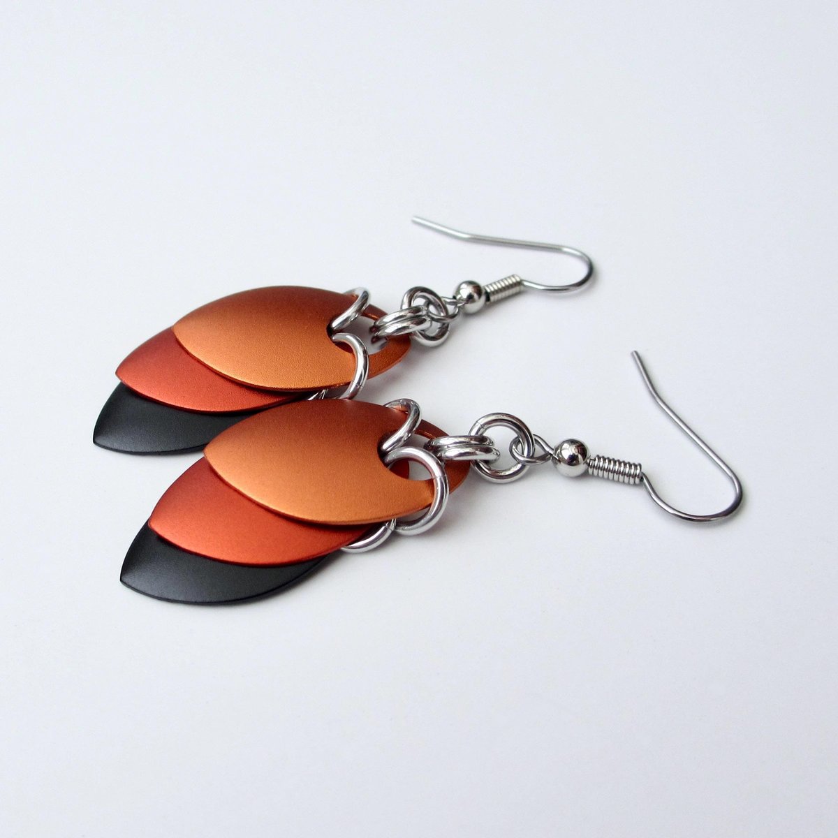 Autumn leaf earrings, chainmail scale fall jewelry in orange and black, Halloween accessories