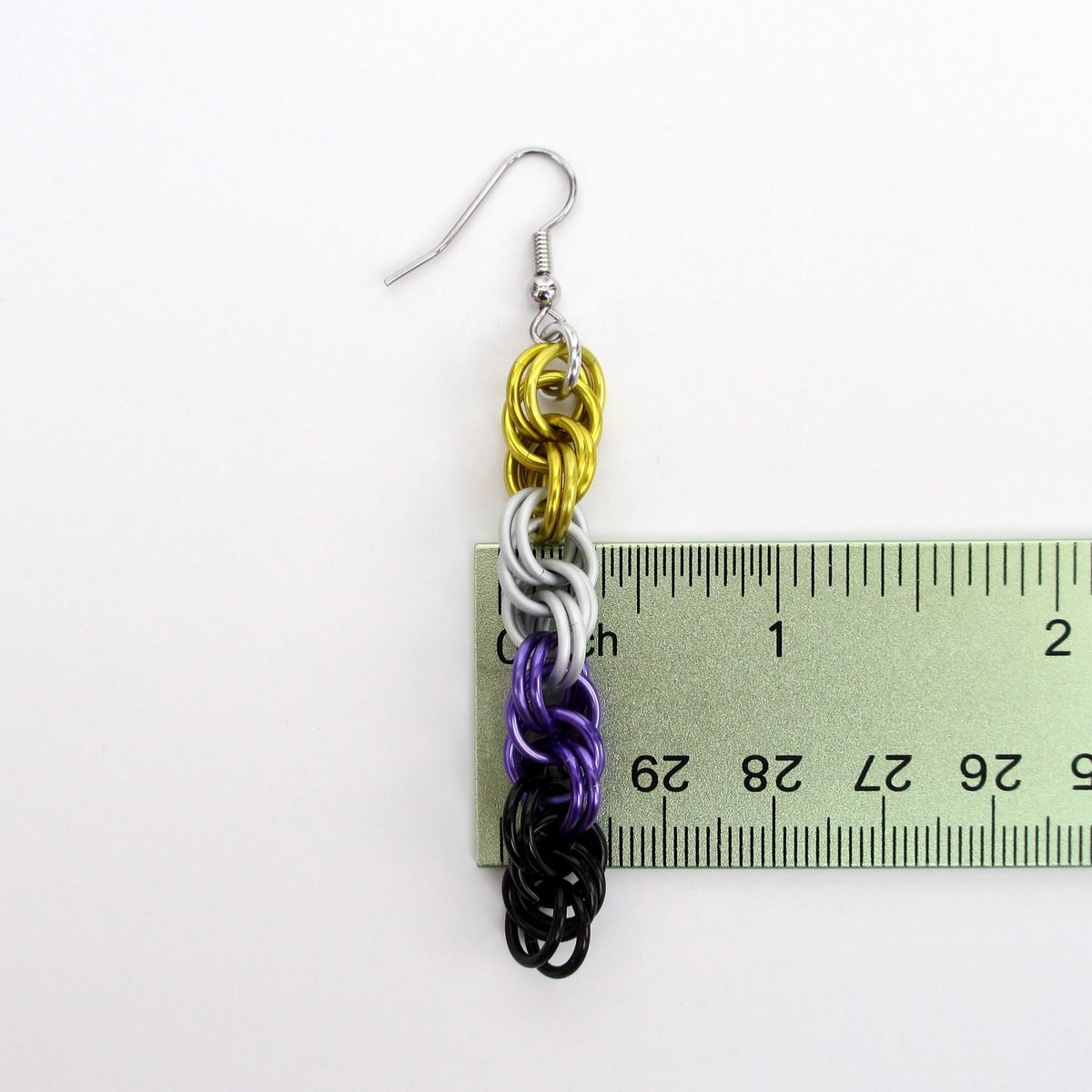 Handmade Nonbinary pride chainmail earrings, double spiral weave LGBTQ+ jewelry, choice of ear wire styles