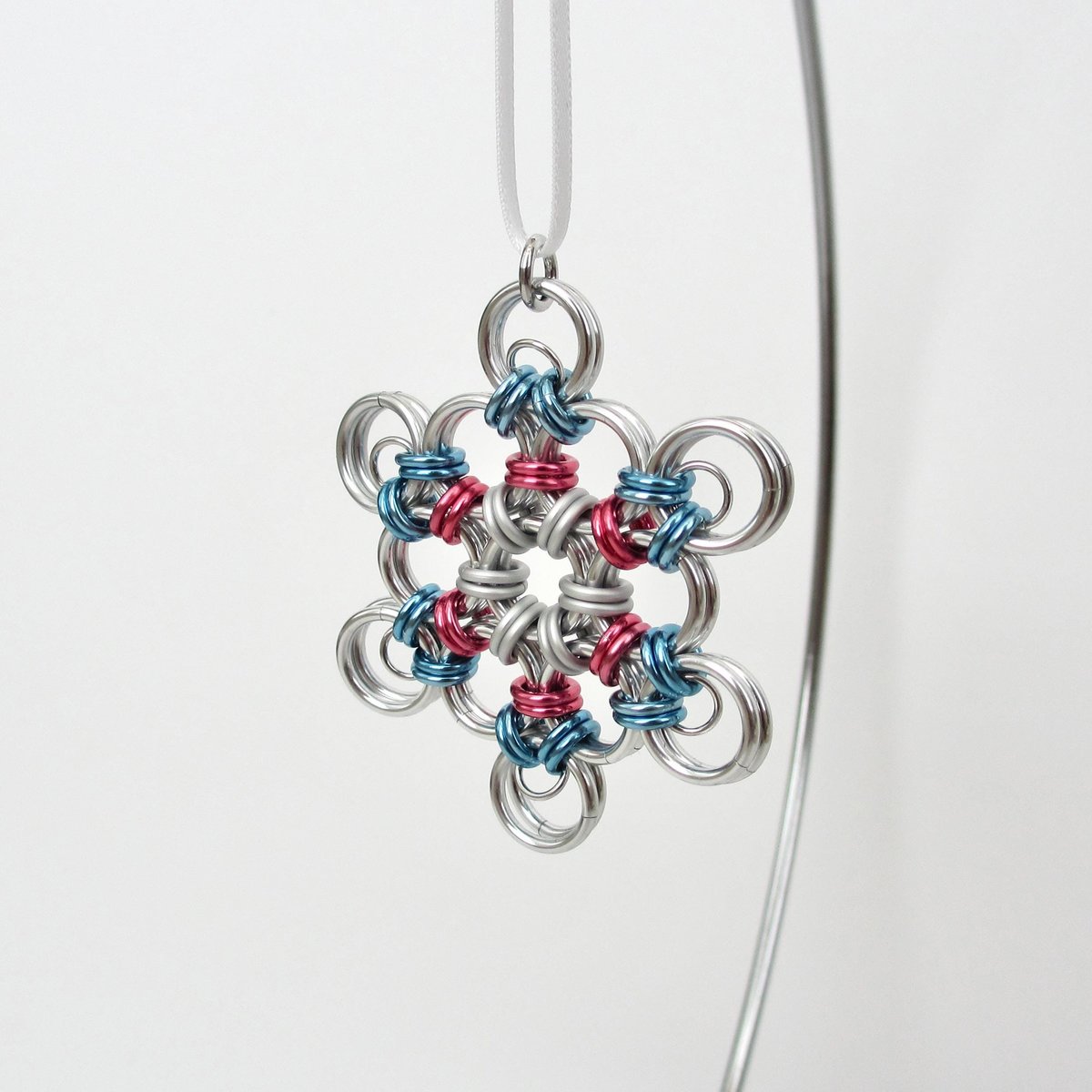Transgender pride snowflake ornament, handmade chainmail holiday decoration in blue, pink and white