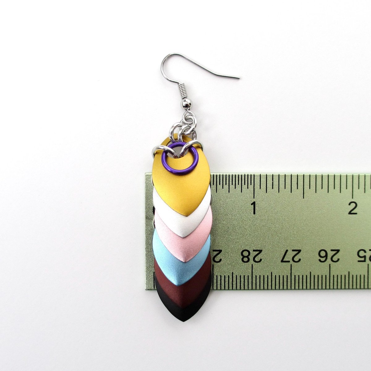 Intersex inclusive progress pride flag earrings, mismatched LGBTQIA chainmail scales jewelry