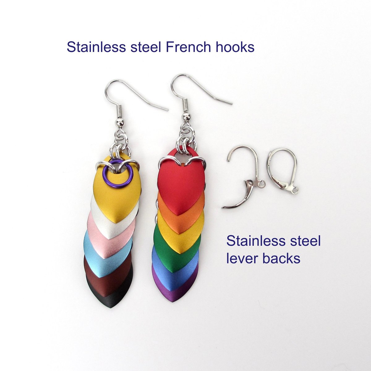 Intersex inclusive progress pride flag earrings, mismatched LGBTQIA chainmail scales jewelry