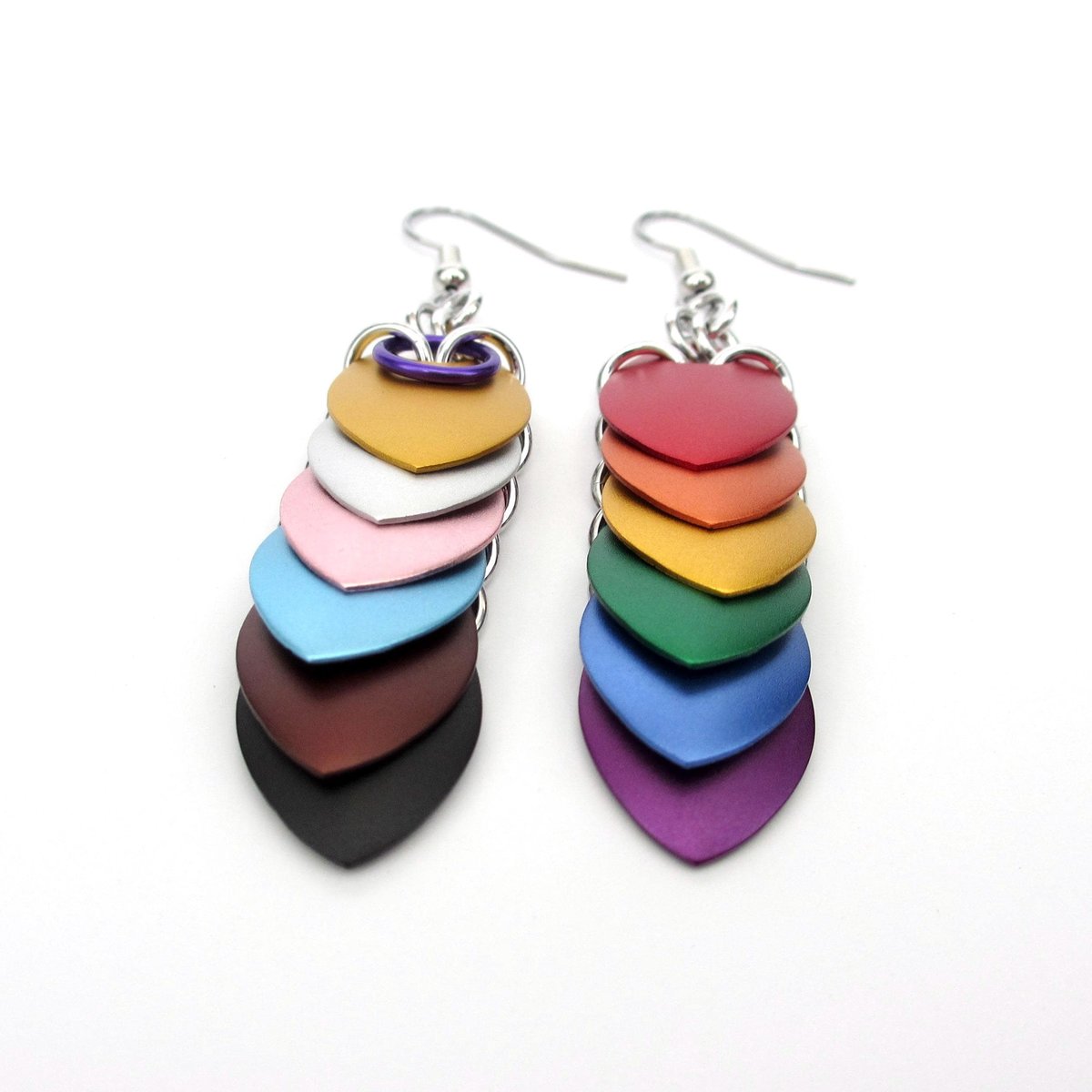 Intersex inclusive progress pride flag earrings, mismatched LGBTQIA chainmail scales jewelry
