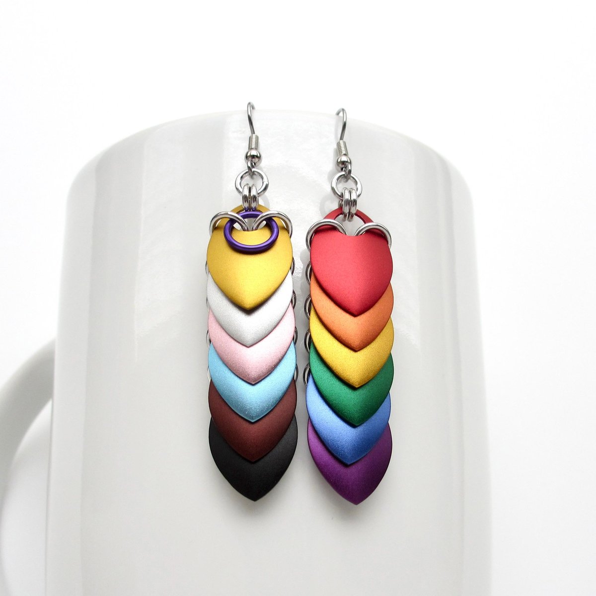 Intersex inclusive progress pride flag earrings, mismatched LGBTQIA chainmail scales jewelry