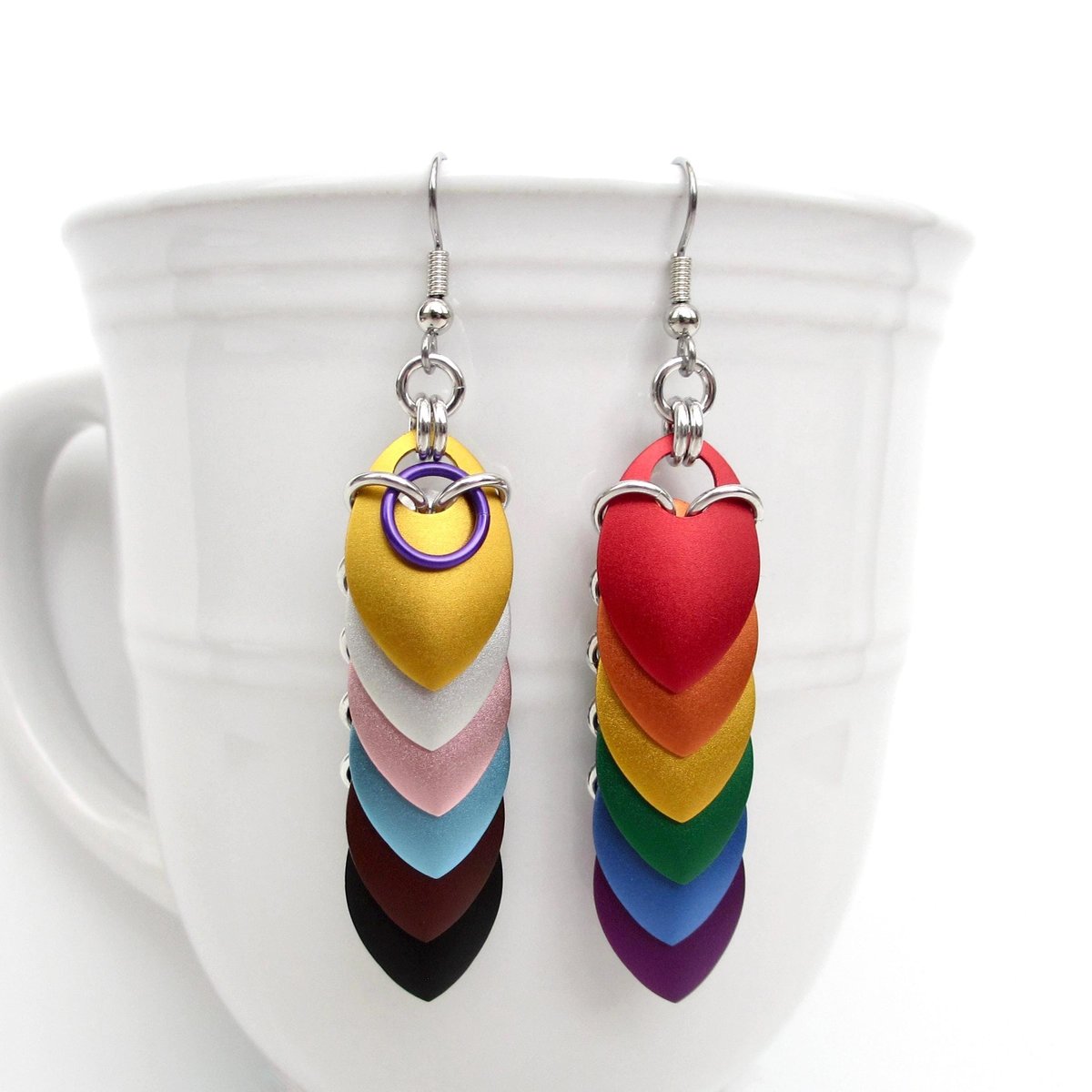 Intersex inclusive progress pride flag earrings, mismatched LGBTQIA chainmail scales jewelry