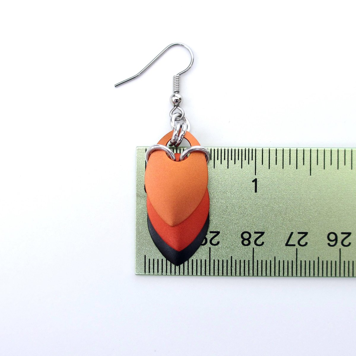 Autumn leaf earrings, chainmail scale fall jewelry in orange and black, Halloween accessories
