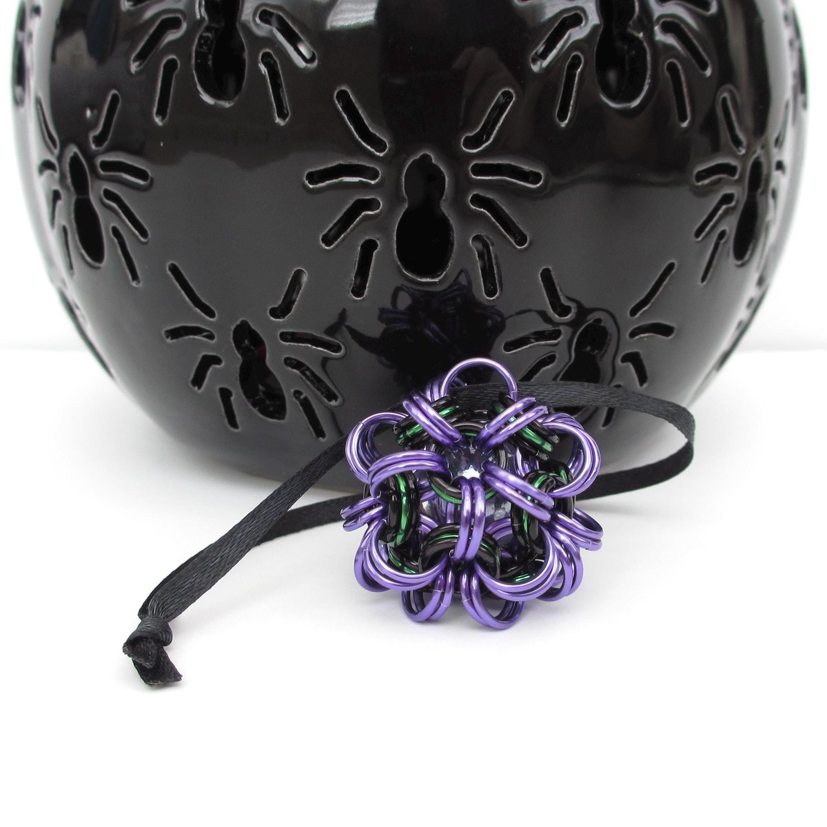 Halloween bag charm or mini ornament, handmade chainmail dodecahedron ball - purple, black, and green seasonal decoration