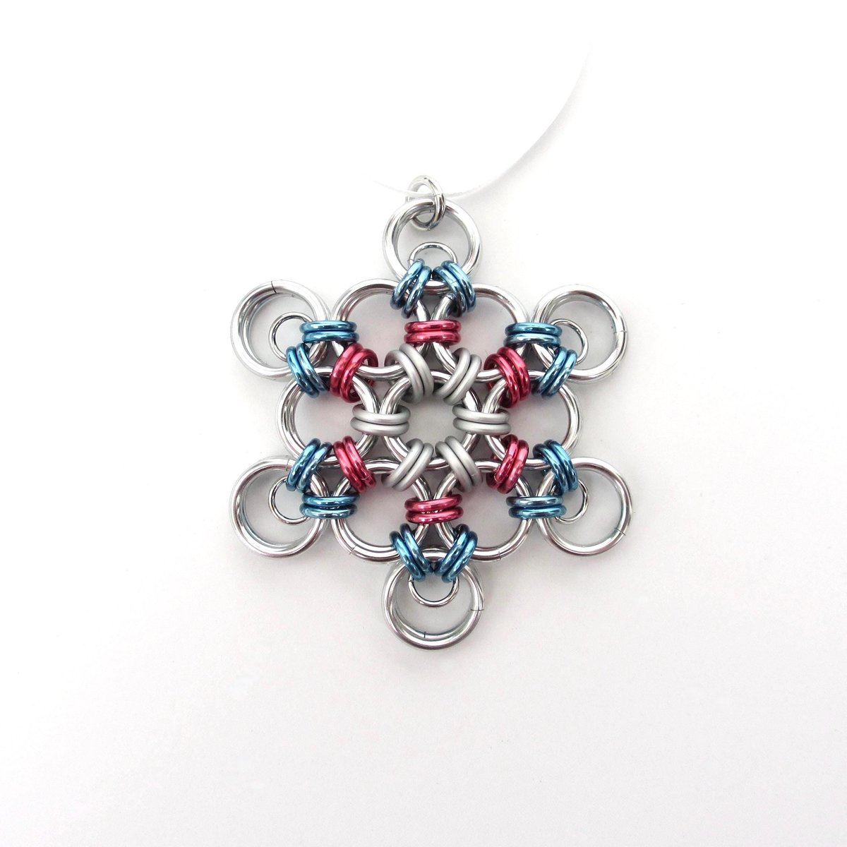 Transgender pride snowflake ornament, handmade chainmail holiday decoration in blue, pink and white