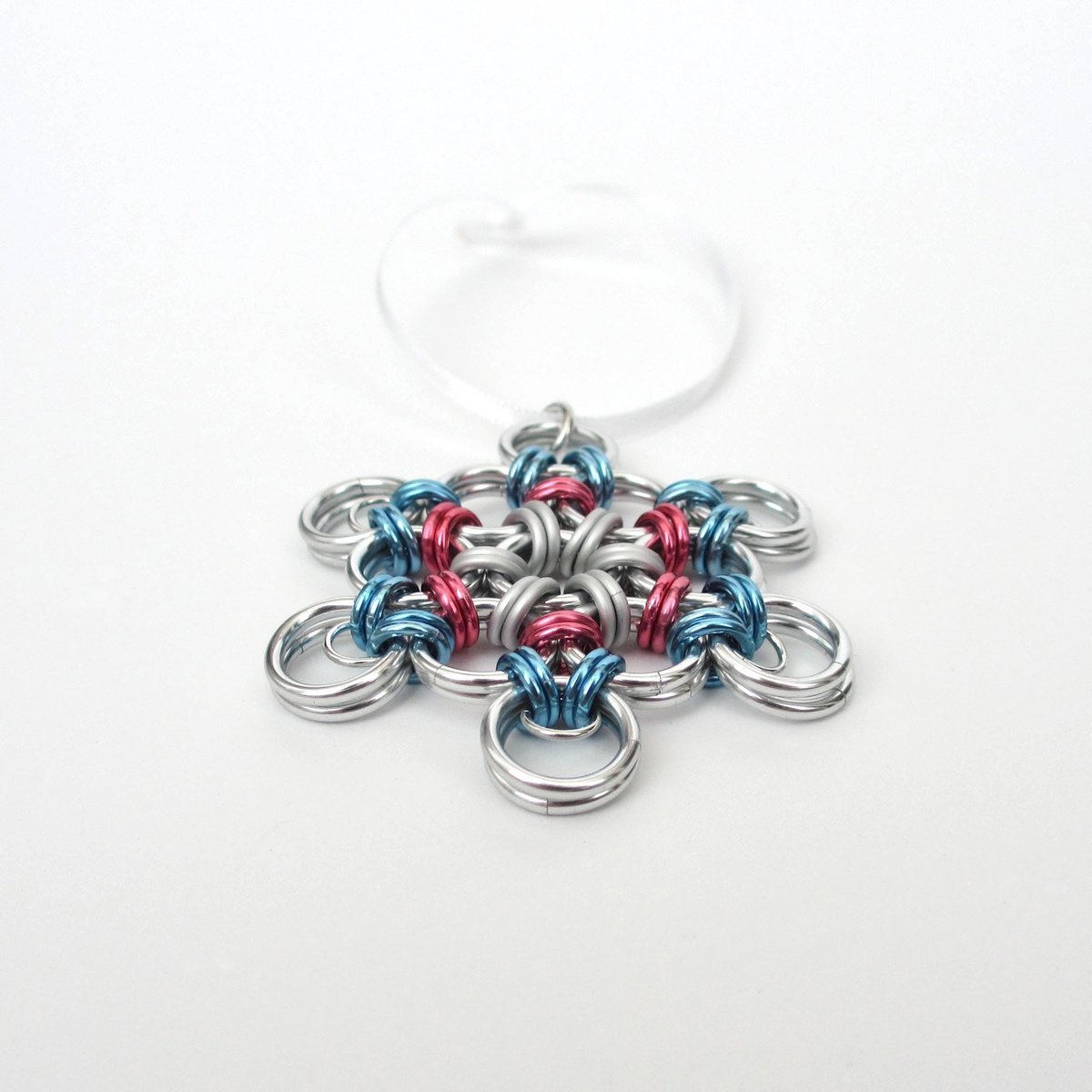 Transgender pride snowflake ornament, handmade chainmail holiday decoration in blue, pink and white