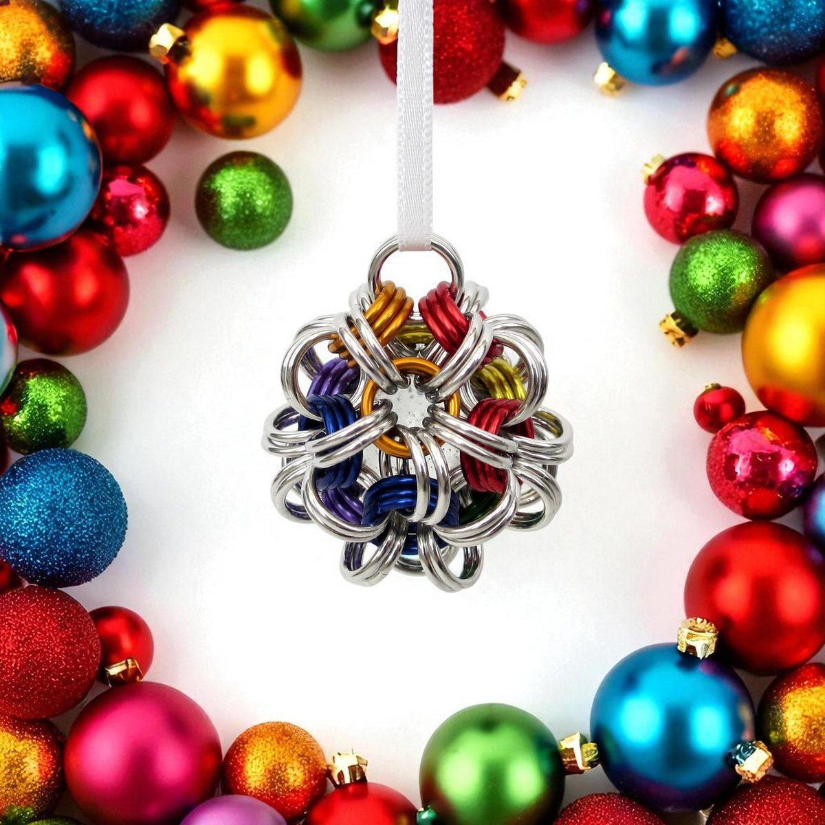 Gay pride ball ornament, rainbow chainmail LGBTQ holiday decoration - handmade