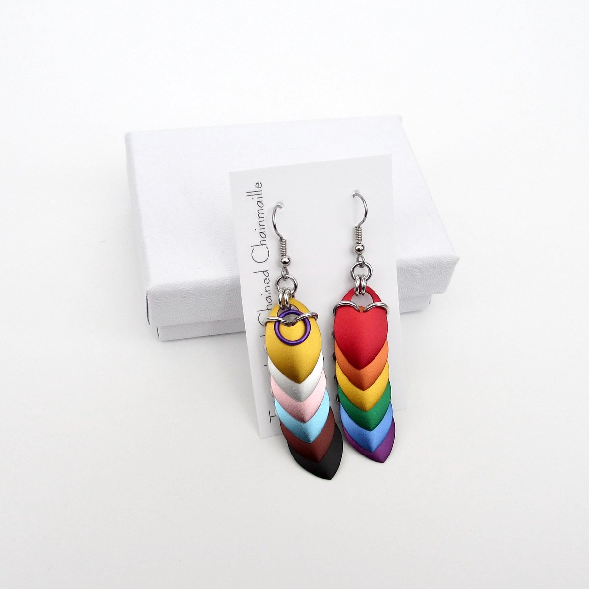 Intersex inclusive progress pride flag earrings, mismatched LGBTQIA chainmail scales jewelry