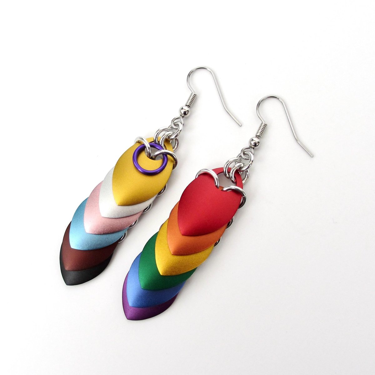 Intersex inclusive progress pride flag earrings, mismatched LGBTQIA chainmail scales jewelry