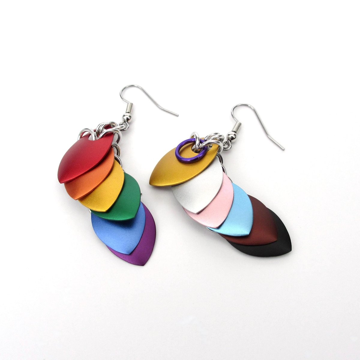 Intersex inclusive progress pride flag earrings, mismatched LGBTQIA chainmail scales jewelry