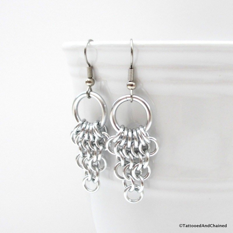 Chainmaille Euro 4 in 1 earrings, silver aluminum leaf shape dangle jewelry