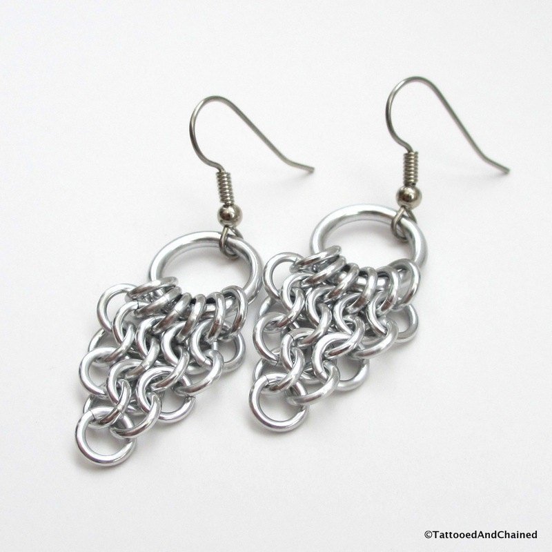 Chainmaille Euro 4 in 1 earrings, silver aluminum leaf shape dangle jewelry