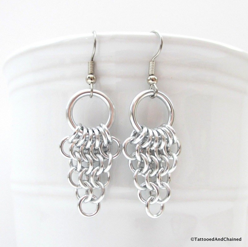 Chainmaille Euro 4 in 1 earrings, silver aluminum leaf shape dangle jewelry
