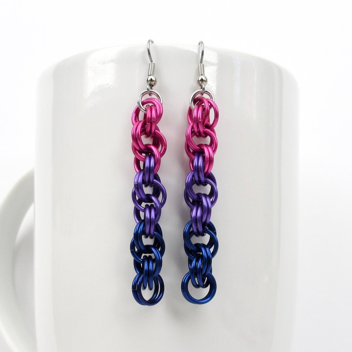 Bi pride earrings, handmade chainmail spiral weave anodized aluminum dangle jewelry