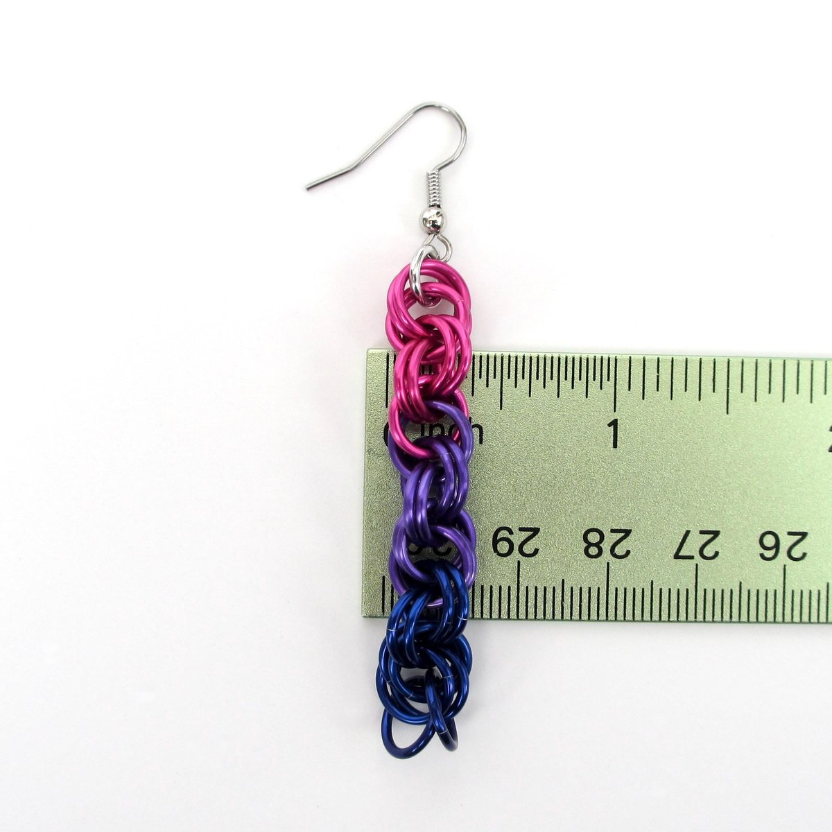Bi pride earrings, handmade chainmail spiral weave anodized aluminum dangle jewelry