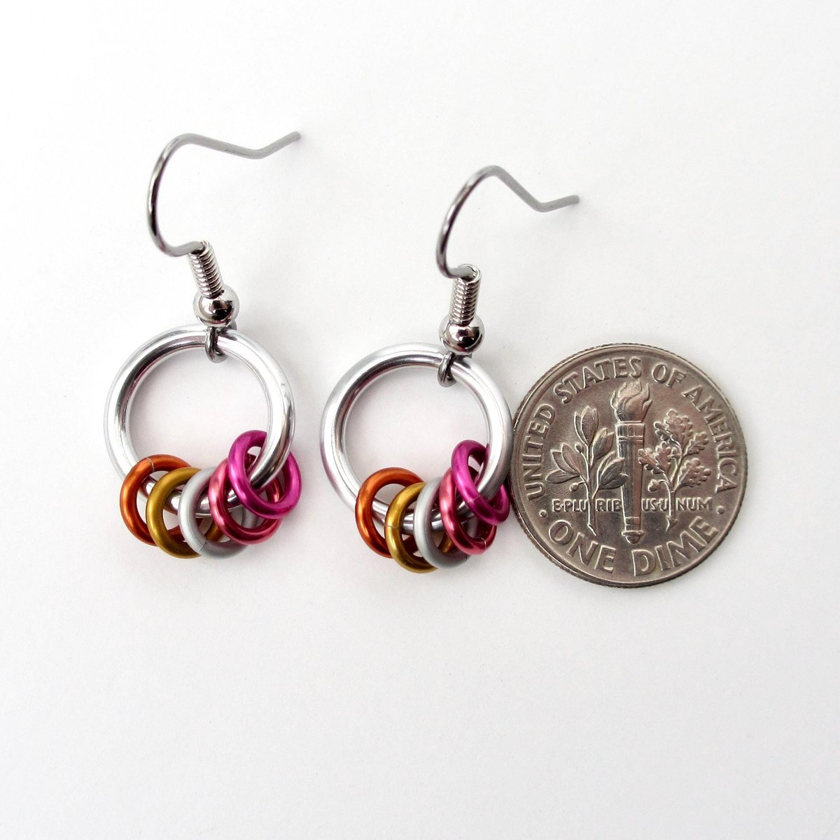 Minimalist Lesbian Pride Earrings with Floating Rings in Sunset Flag Colors - Handmade LGBTQ Jewelry