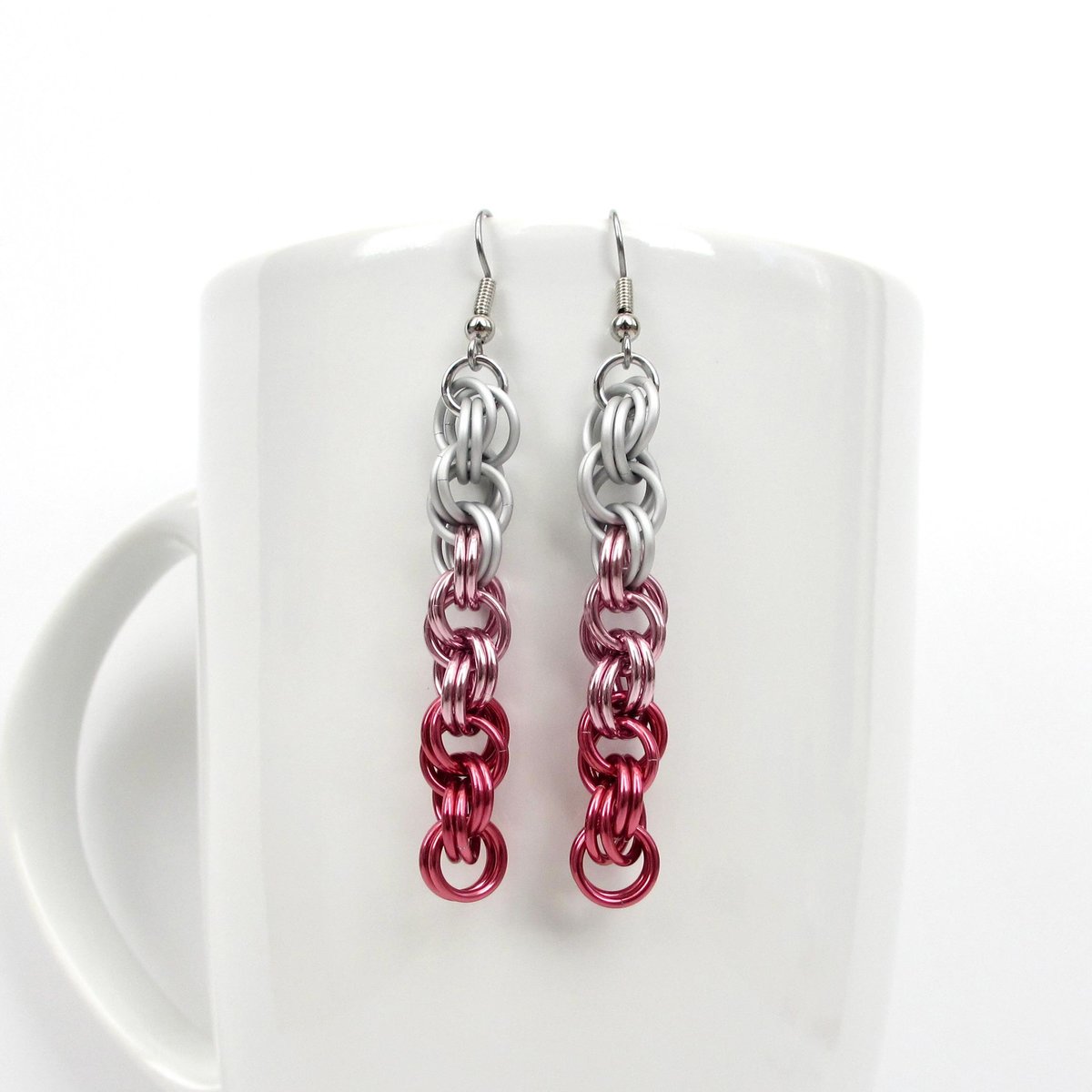 Pink Ombre Earrings, Handmade Chainmail Spiral Weave Jewelry, Lightweight Aluminum