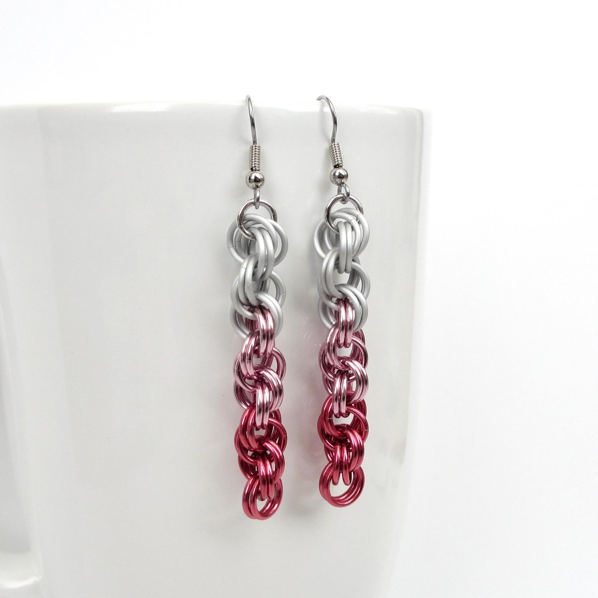 Pink Ombre Earrings, Handmade Chainmail Spiral Weave Jewelry, Lightweight Aluminum