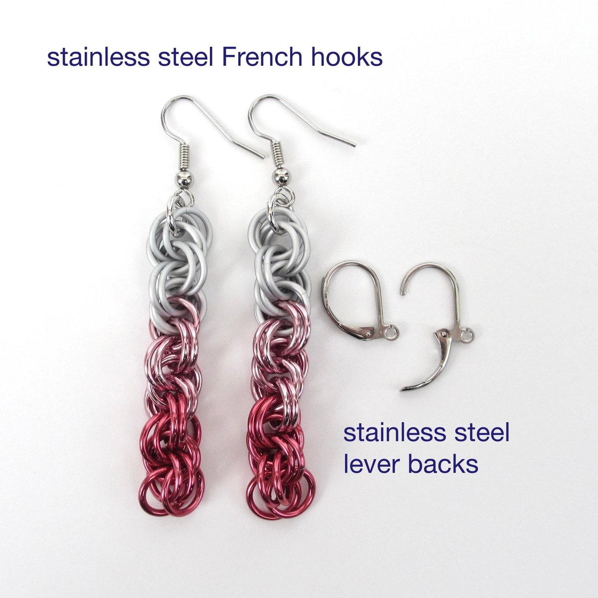 Pink Ombre Earrings, Handmade Chainmail Spiral Weave Jewelry, Lightweight Aluminum