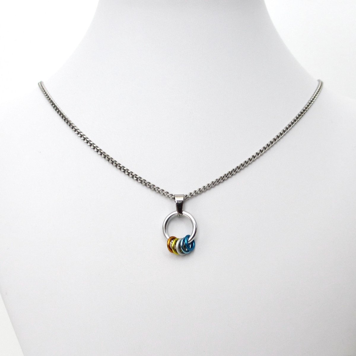 Minimalist Aroace Pride Pendant with Floating Rings in Orange, Yellow, White, Light Blue & Blue - Handmade LGBTQ+ Jewelry