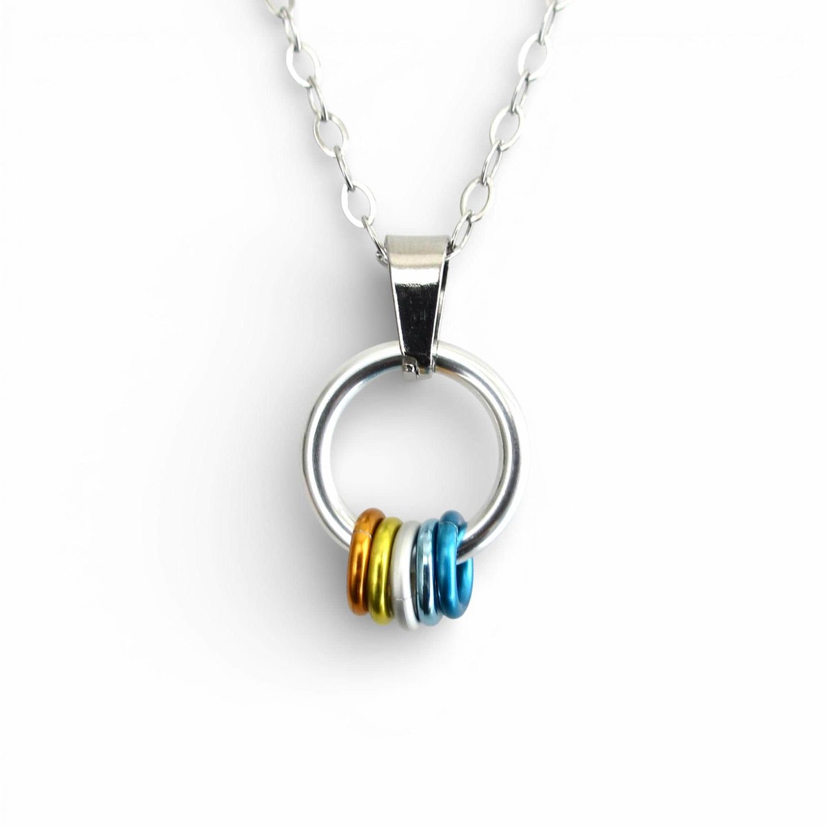Minimalist Aroace Pride Pendant with Floating Rings in Orange, Yellow, White, Light Blue & Blue - Handmade LGBTQ+ Jewelry