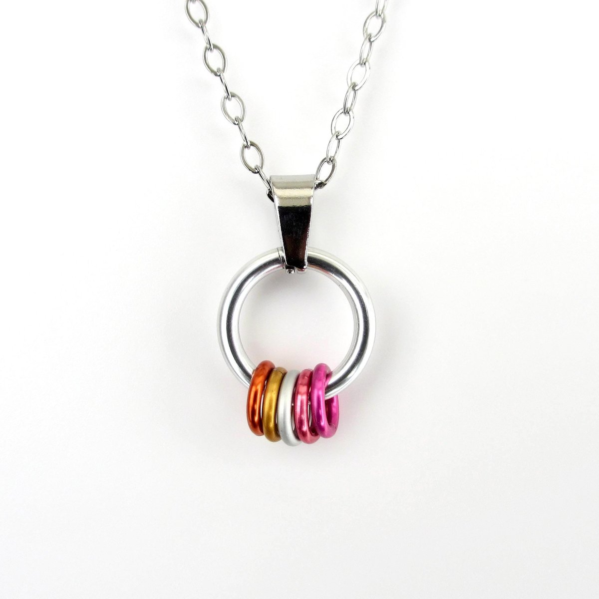 Minimalist Lesbian Pride Pendant with Floating Rings in Sunset Flag Colors - Handmade LGBTQ Jewelry