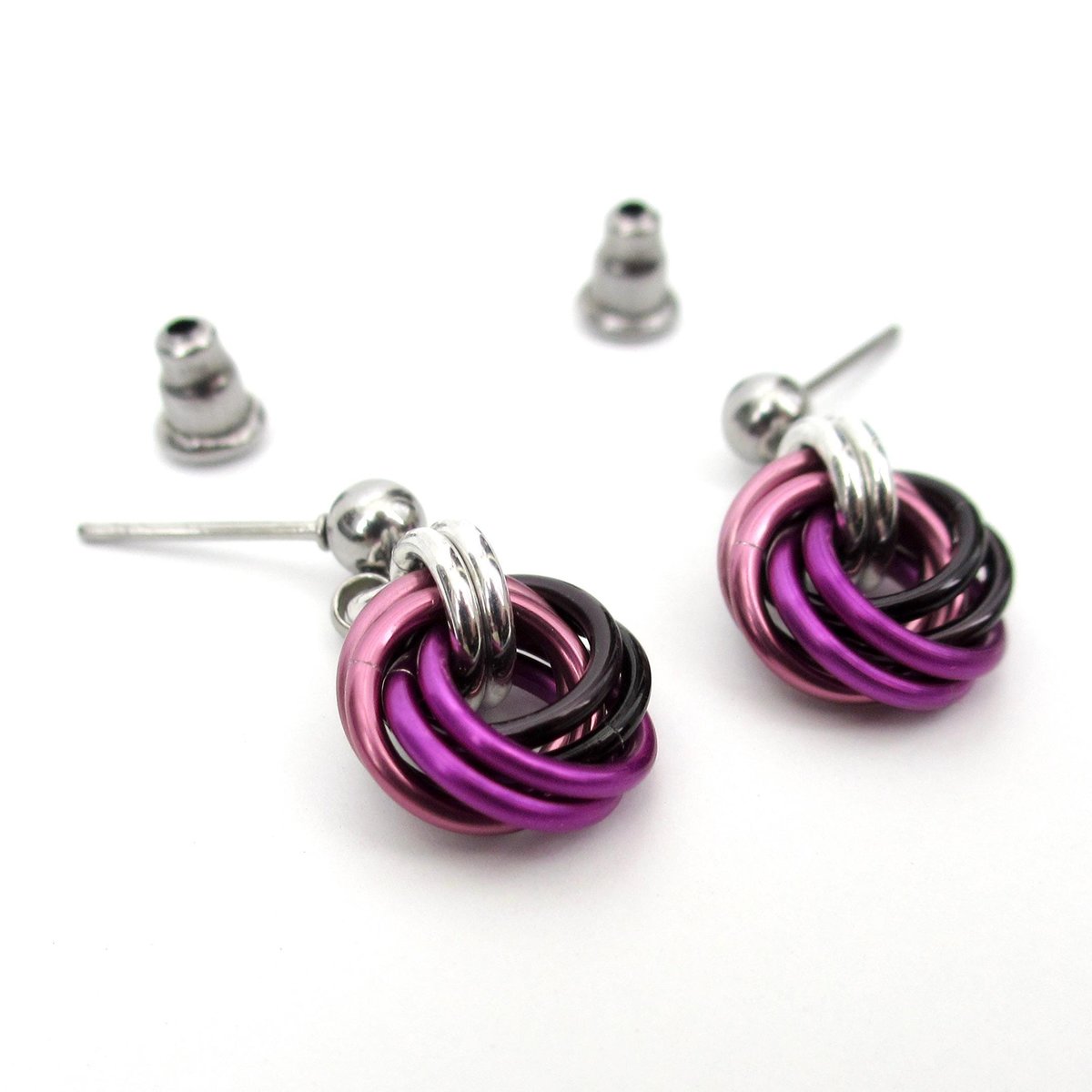 Mauve Violet Black Mini Chainmail Love Knot Drop Earrings: Handmade Minimalist Anodized Aluminum Jewelry