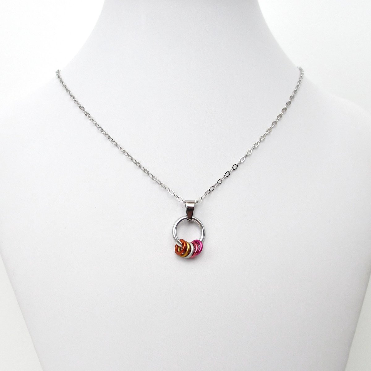 Minimalist Lesbian Pride Pendant with Floating Rings in Sunset Flag Colors - Handmade LGBTQ Jewelry