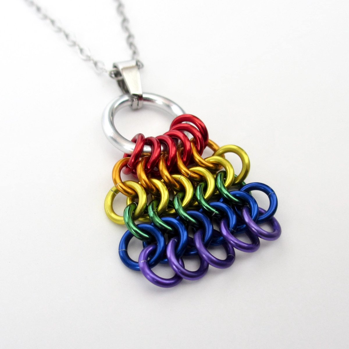 Rainbow Chainmail Mesh Tile Pendant, Gay Pride Flag Necklace - Handmade LGBTQ Jewelry