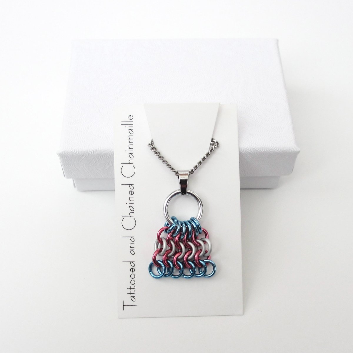 Transgender Pride Mesh Tile Pendant, Handmade Chainmail LGBTQ Flag Necklace